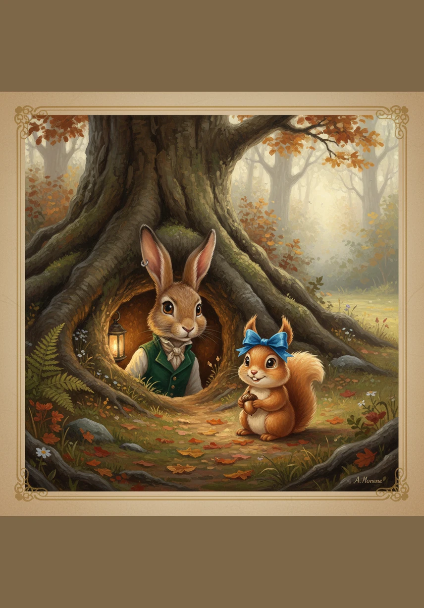 Barnaby the rabbit lived in a cozy burrow beneath a giant oak tree, surrounded by soft moss and colorful wildflowers. While the other forest animals played loudly in the sun-drenched meadow, Barnaby watched them from the safety of his doorway, his long ears twitching with a mix of wonder and worry.
