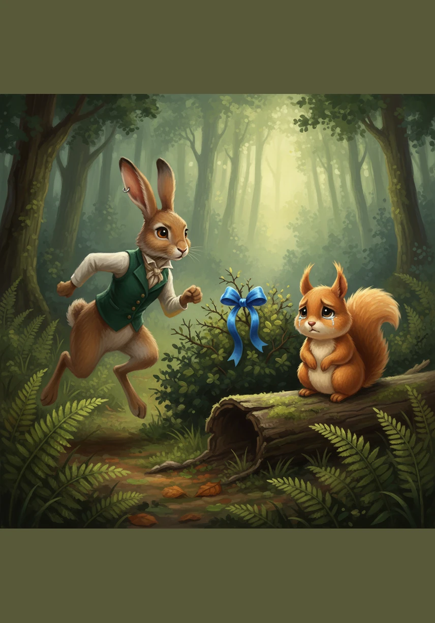 While hopping through the tall ferns, Barnaby spotted a bright blue silk ribbon snagged on a thorny bush. He recognized it immediately as the favorite hair ribbon of Squeaky the Squirrel, who was sitting nearby on a log, looking very sad and lost.