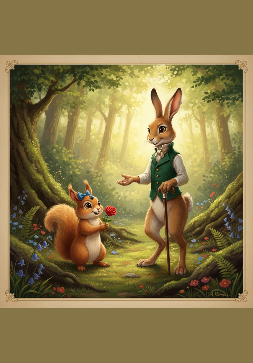 From a hidden spot behind some thick ferns, Barnaby watched Squeaky discover her ribbon and the beautiful flower. Squeaky's eyes lit up with joy, and she looked around with a big, bright smile, wondering who her secret, kind friend could be.