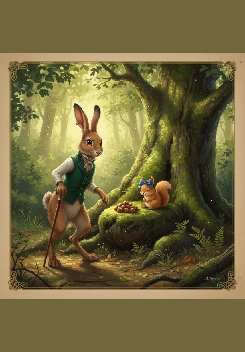 The next morning, Barnaby found a small pile of roasted hazelnuts on the same stump with a little heart shape drawn in the soft dirt next to them. He felt a warm, tingly glow in his chest, realizing he was finally connecting with someone else in the forest.