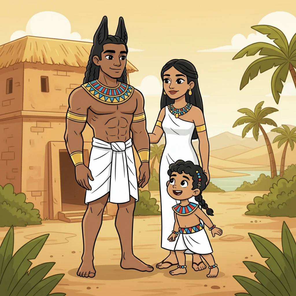 In the heart of ancient Egypt, bathed in the golden sunlight, stood two brothers. Anubis, the elder, was a strong and steady presence, with a home already built and a wife by his side. Beside him, Bata, his younger brother, full of youthful exuberance, looked up to Anubis with admiration and love. Since their parents had passed, Anubis watched over Bata as a father would his son.