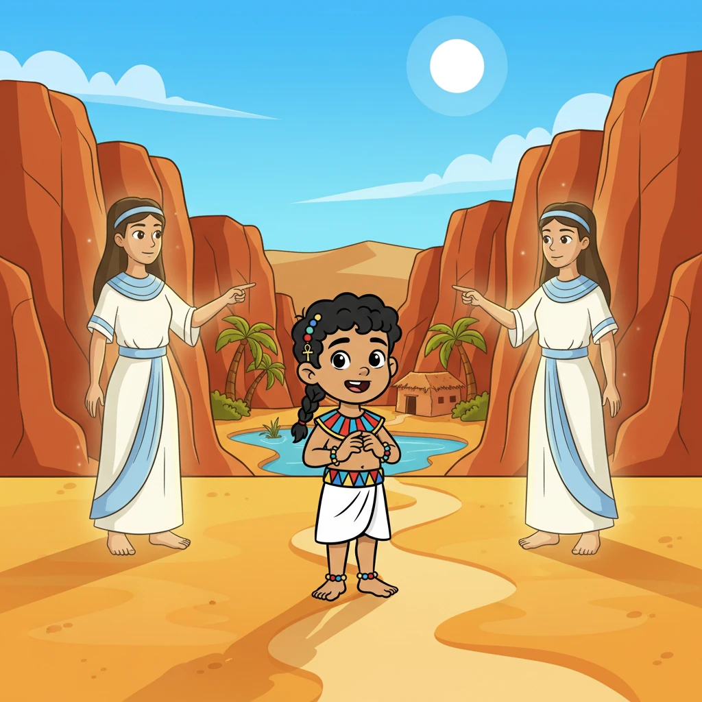 Bata wandered the desert, seeking solace and protection from the desert's harsh elements. He met the gods who then guided him to a secret place. He built a new life, away from the troubles, and a new life awaited him.
