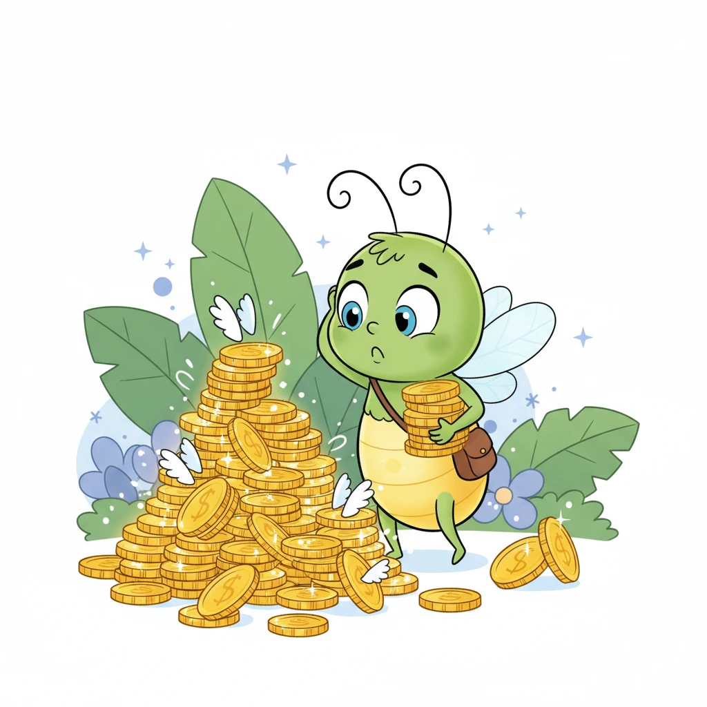 Lili la Luciole, avec sa petite lumière clignotante, se retrouve devant une pile de pièces brillantes. Elle se gratte la tête, ne sachant pas vraiment quoi en faire. Certaines pièces semblent vouloir s'envoler, tandis que d'autres sont lourdes dans sa petite main.