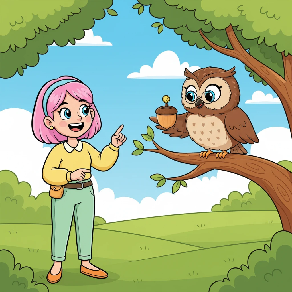 Soudain, une chouette sage nommée Madame Hibou apparaît, perchée sur une branche d'arbre majestueuse. Avec ses grands yeux ronds et son air bienveillant, elle sourit gentiment à Lili. Madame Hibou lui montre une jolie tirelire en forme de gland, expliquant que c'est un endroit spécial pour les pièces.