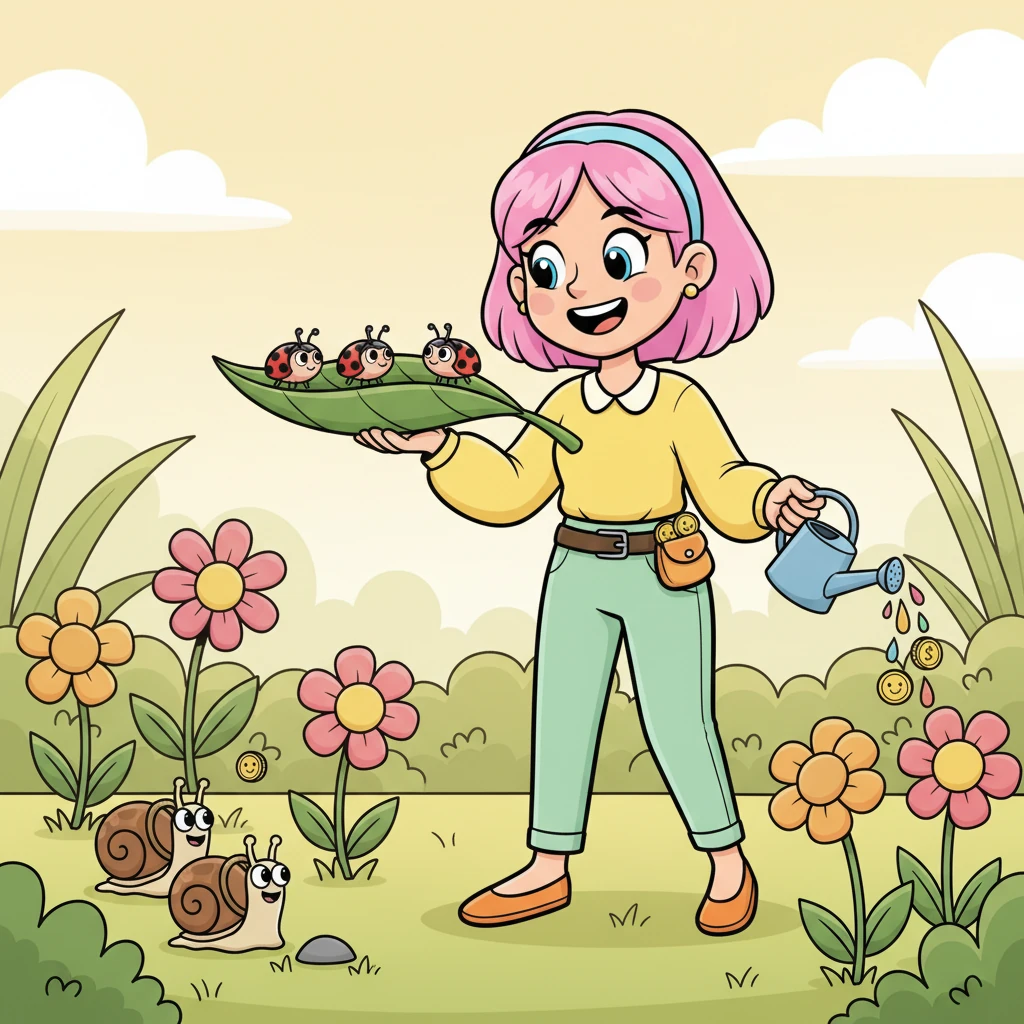 Pleine d'enthousiasme, Lili se met au travail avec une énergie débordante. Elle aide ses amis les coccinelles à transporter des feuilles géantes et les escargots à arroser les fleurs du jardin. Pour chaque tâche accomplie avec diligence, elle reçoit une petite pièce brillante en récompense.