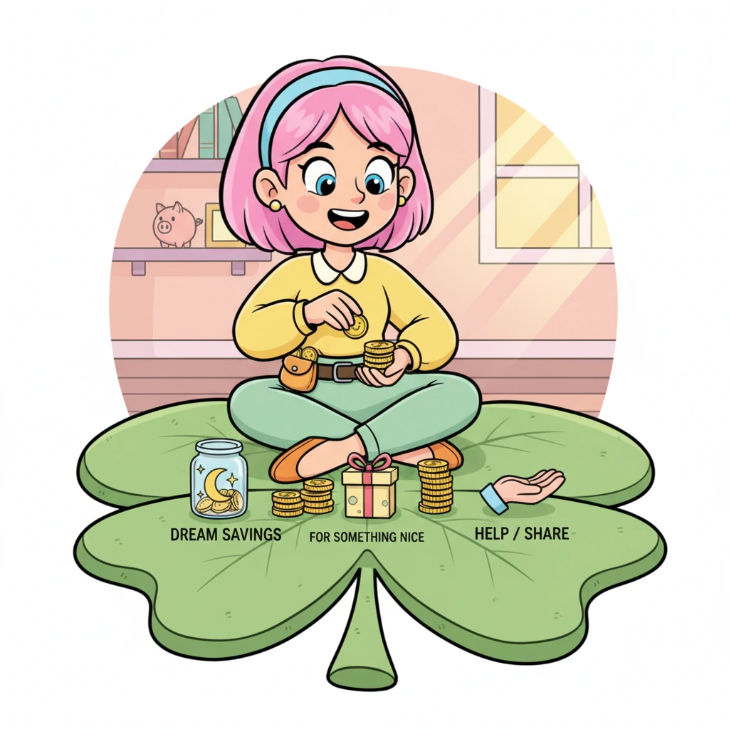 De retour chez elle, Lili divise ses pièces en trois petits tas bien distincts sur une feuille de trèfle. Un pour le "pot à rêves" pour économiser, un autre pour acheter quelque chose de joli, et un dernier pour aider un ami ou faire un don. C'est sa première leçon de partage et de planification.