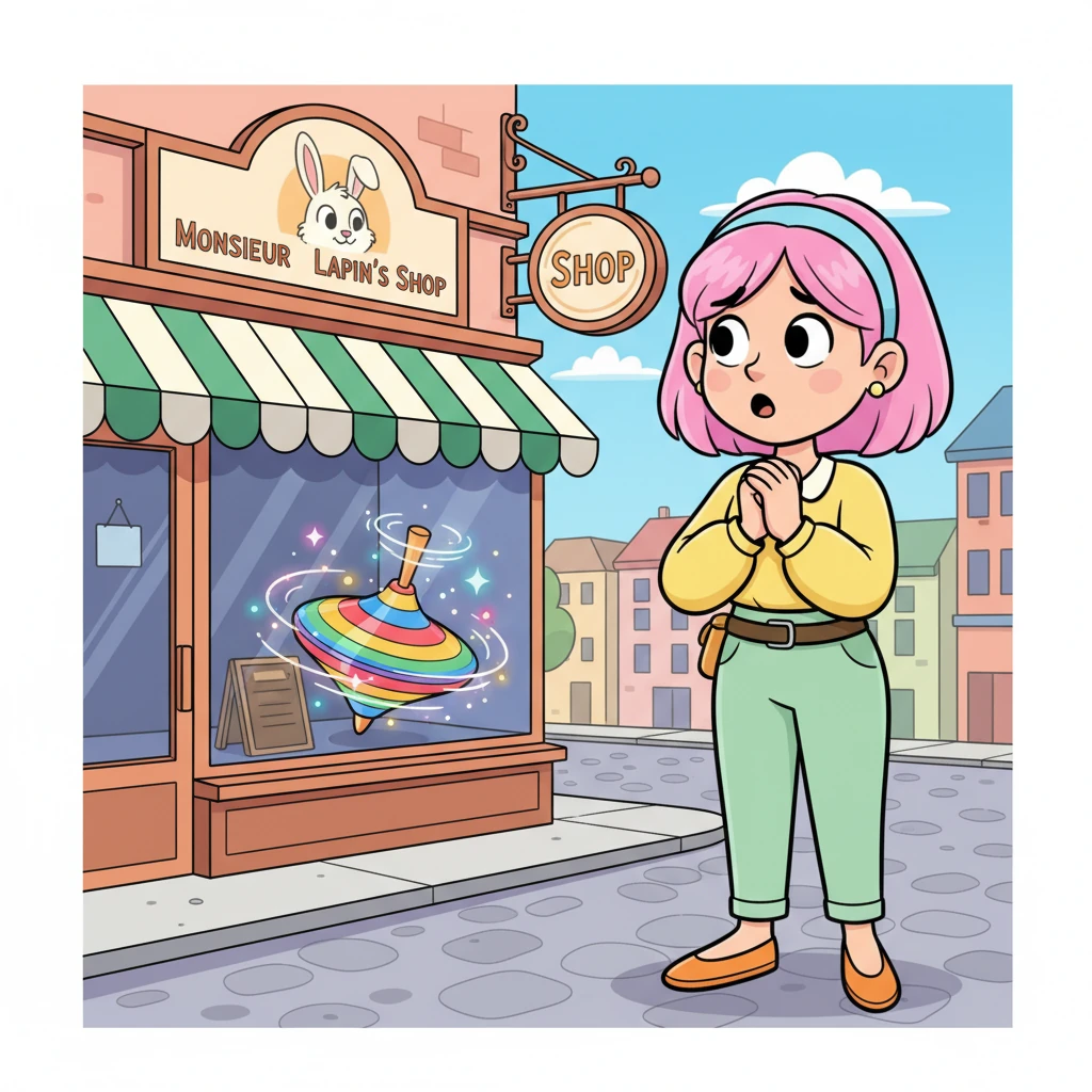 Un jour ensoleillé, en passant devant la charmante boutique de Monsieur Lapin, Lili voit une superbe toupie arc-en-ciel qui tourne et scintille. Elle est si tentante qu'elle a presque envie de dépenser toutes ses économies d'un coup. La toupie brille et l'appelle avec insistance.