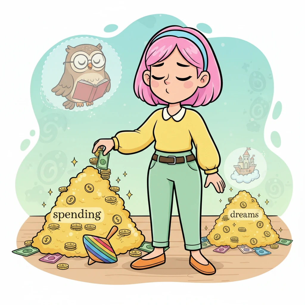 Mais Lili se souvient du conseil avisé de Madame Hibou et de l'objectif de son "pot à rêves". Elle ferme les yeux un instant, respire profondément et décide de ne prendre qu'une petite partie de son tas "à dépenser". La toupie est jolie, mais ses rêves à long terme sont bien plus importants.