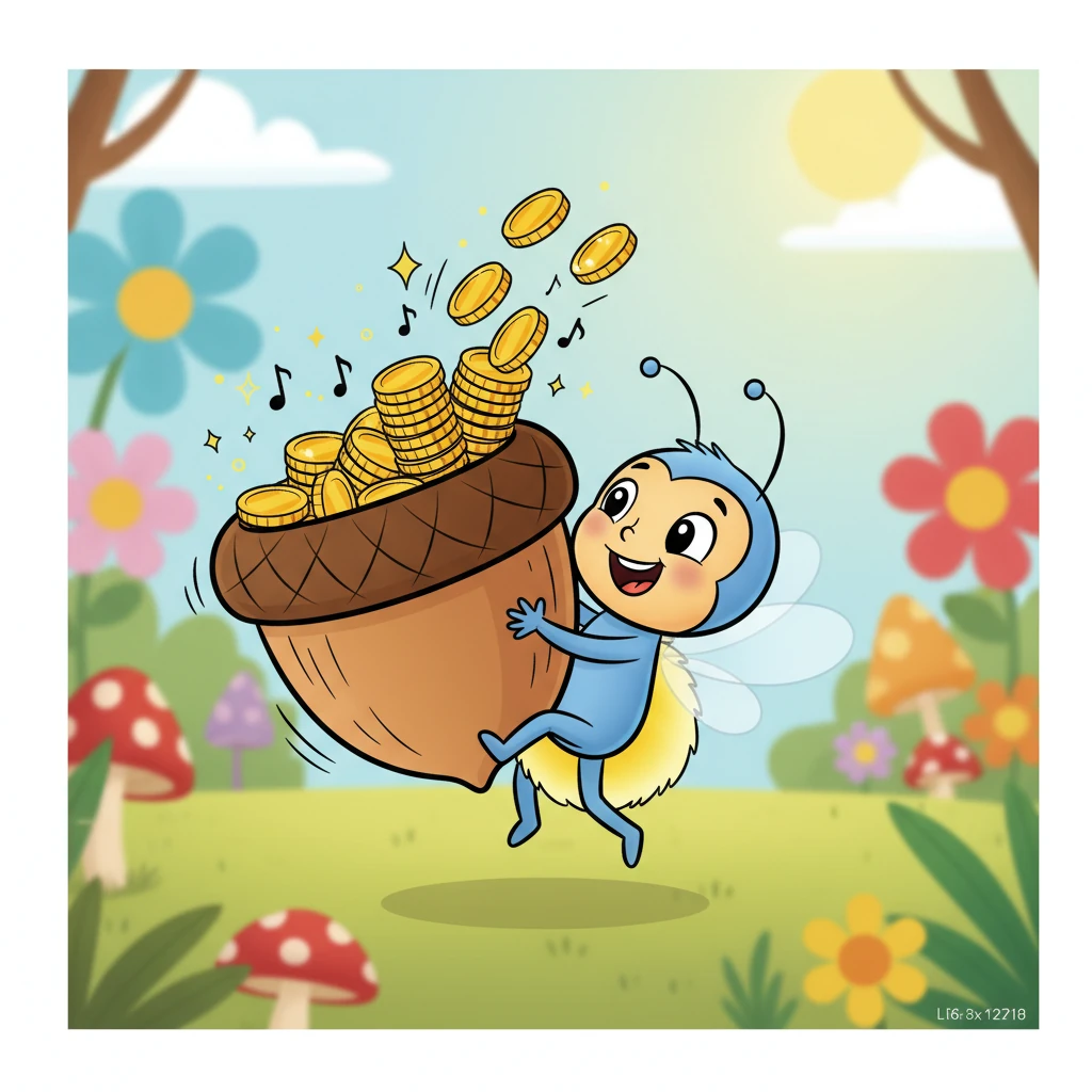 Les semaines passent et le "pot à rêves" de Lili grossit, grossit, devenant de plus en plus lourd ! Les pièces s'accumulent joyeusement, remplissant le gland jusqu'au bord. Lili le secoue et entend un joyeux tintement, c'est la douce musique de ses économies qui s'amplifie.