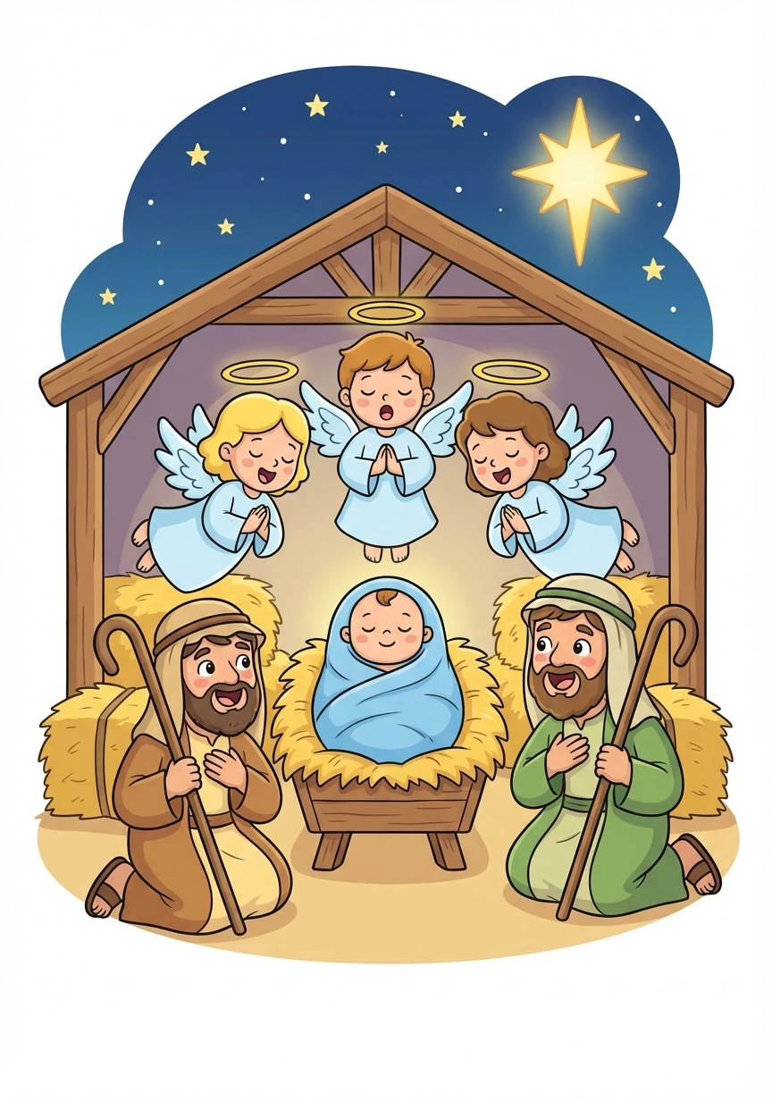 Issa naît dans une étable à Bethléem. Les anges chantent sa venue, et les bergers viennent l'adorer.