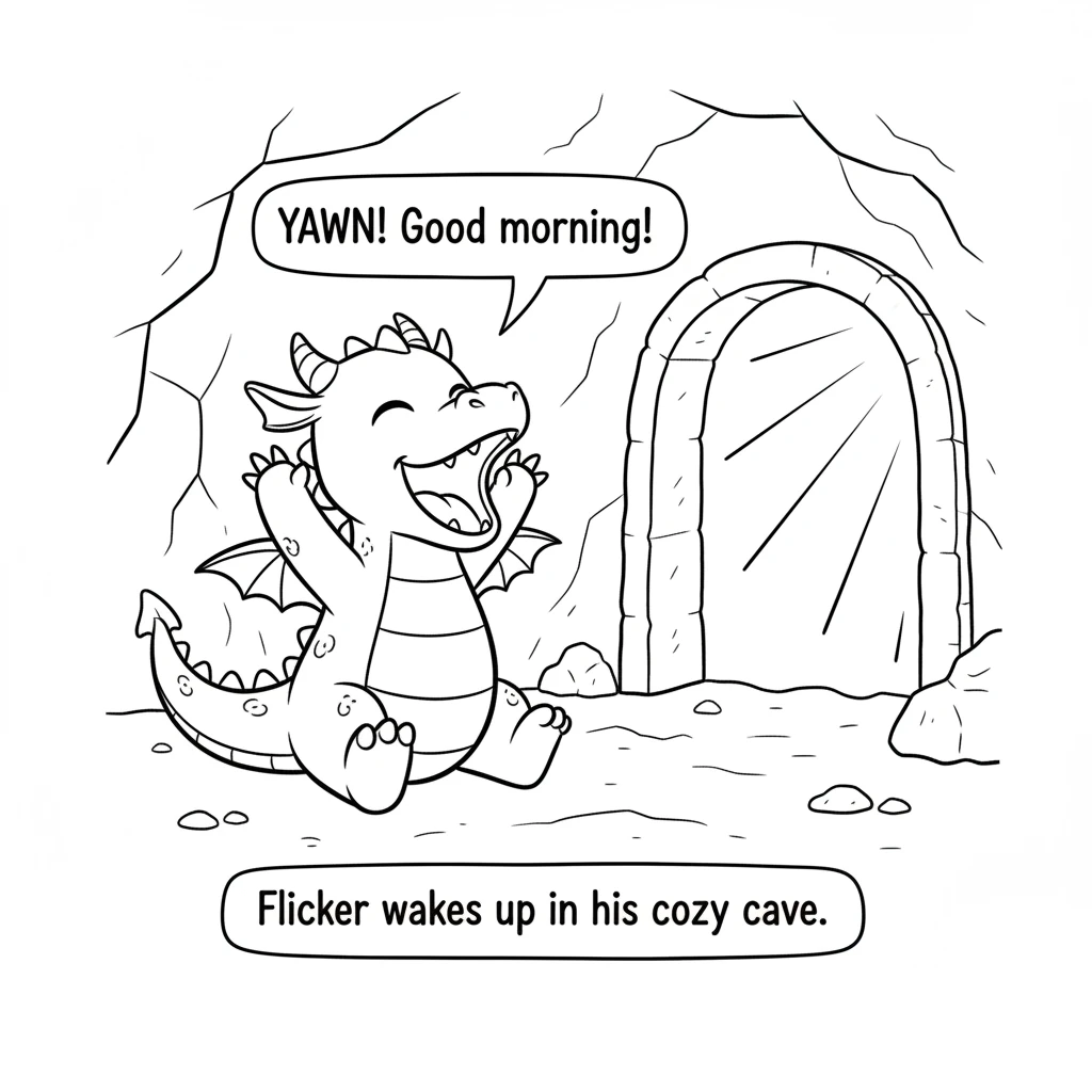 Flicker wakes up in his cozy cave. He stretches his little wings, a big yawn escaping his snout. Sunlight peeks through the cave entrance, calling him