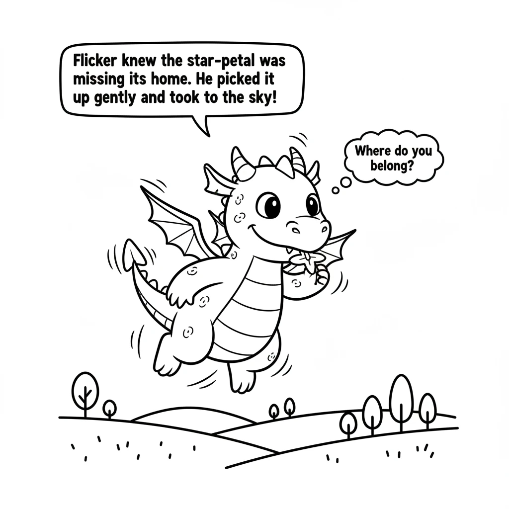 Flicker decides the star-petal must be missing its home. He gently picks it up in his mouth and takes off, ready to find where it belongs. His little