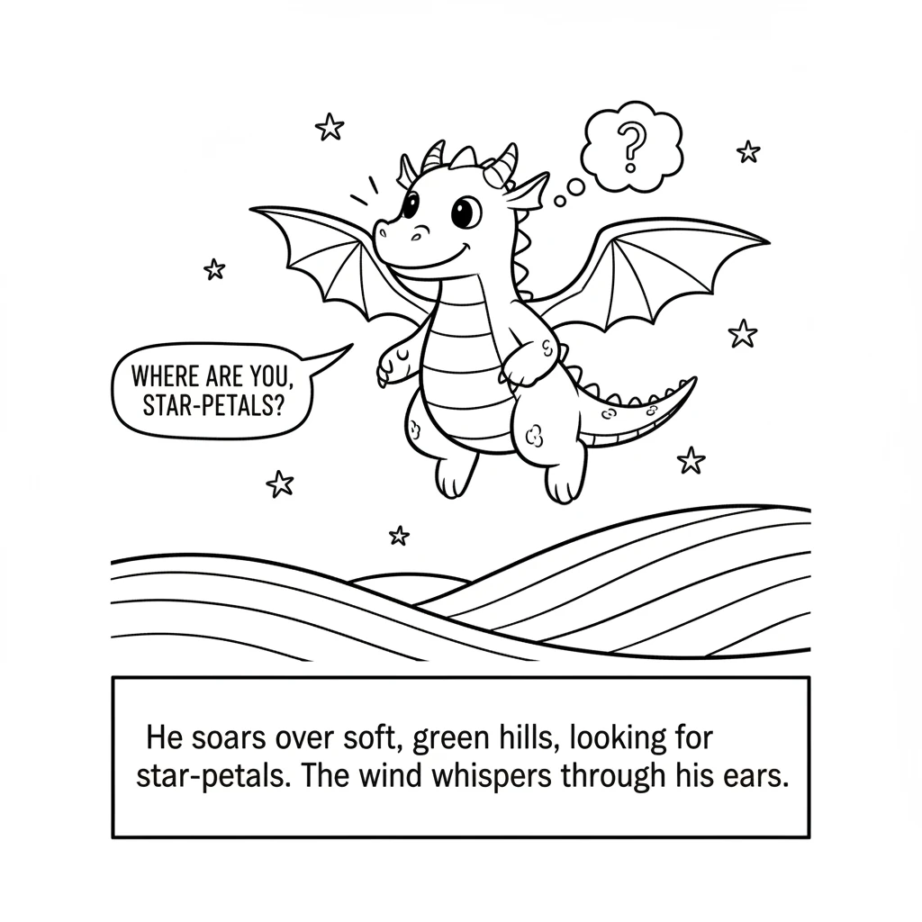 He soars over soft, green hills that roll gently into the distance. Flicker looks left and right, hoping to see a place where star-petals might grow.