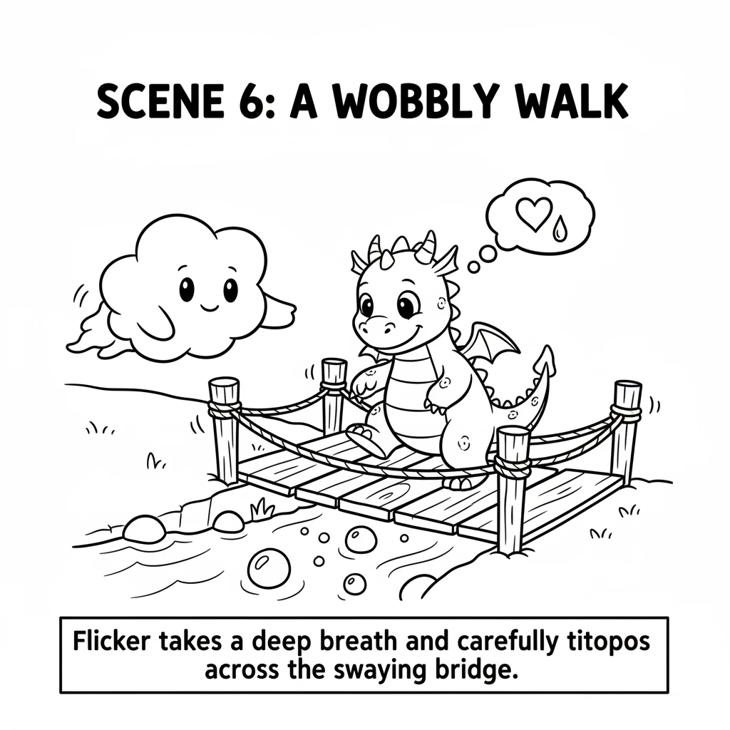 The cloud creature shows Flicker to a wobbly wooden bridge over a bubbling stream. Flicker takes a deep breath and carefully tiptoes across, one paw a