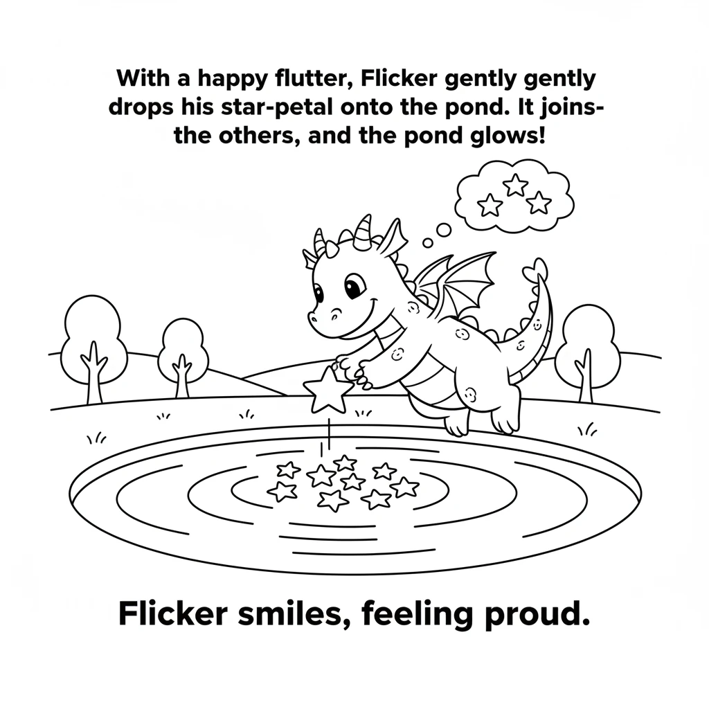 With a happy flutter, Flicker gently drops his star-petal onto the pond. It instantly joins the others, and the pond glows even brighter, a beautiful