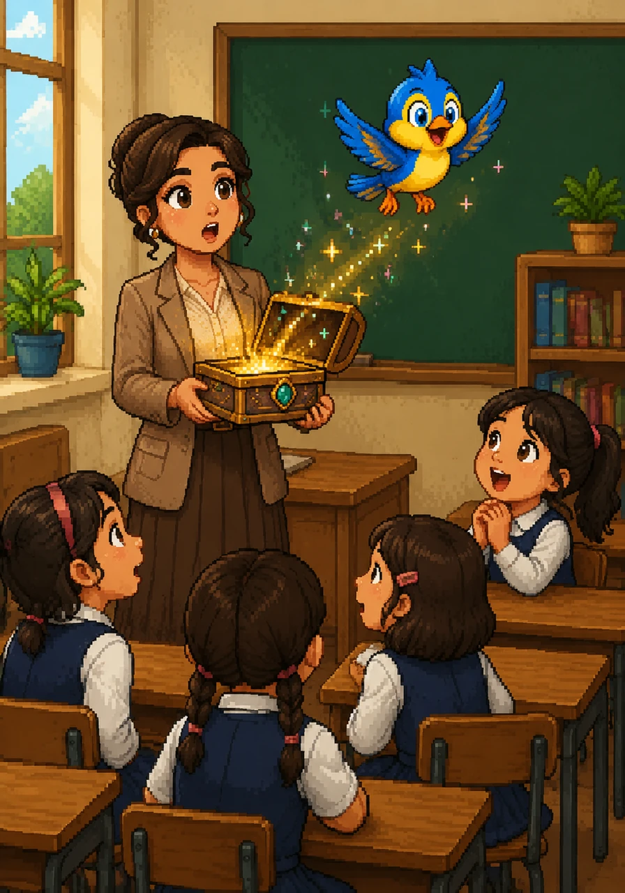 فَجْأَةً وبِدونِ سابِقِ إِنْذارٍ، اهْتَزَّ الصُّنْدوقُ السِّحْرِيُّ بَيْنَ يَدَيِ المُعَلِّمَةِ وخَرَجَ مِنْهُ عُصْفورٌ صَغيرٌ ومُرِح. طارَ العُصْفورُ فَوْقَ رُؤوسِ الطّالِباتِ وهو يُنادي بِصَوْتٍ ناعِمٍ طالِبًا النَّجْدَةَ لأَنَّ كَلِماتِ الجُمْلَةِ الاسْمِيَّةِ قَدْ ضاعَتْ وتَبَعْثَرَتْ.