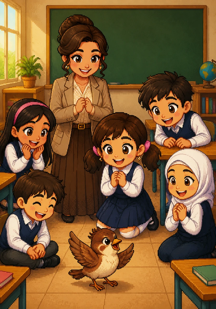 عِنْدَ نِهايَةِ الحِصَّةِ المُشَوِّقَةِ، وَقَفَ العُصْفورُ شـاكِرًا الجَميعَ بَعْدَ أَنْ تَعَلَّمْنَ أَنَّ الجُمْلَةَ الاسْمِيَّةَ تَبْدَأُ بِاسْمٍ وتَتَكَوَّنُ مِنْ رُكْنَيْنِ هُما المُبْتَدَأُ والخَبَر. ضَحِكَتِ الطّالِباتُ مَعًا، ووَعَدَتْ سَلْمى بِأَنَّهُنَّ لَنْ يَنْسَيْنَ هٰذَا الدَّرْسَ السِّحْرِيَّ أَبَدًا.