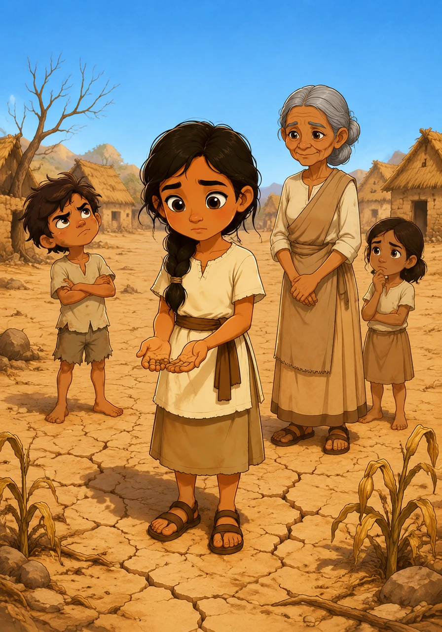 Elara lives in a dusty village where the ground is cracked and the sky is a constant, cloudless blue. The elders have forgotten the sound of rain, and the once-green fields have turned to gold and dust under the relentless sun.