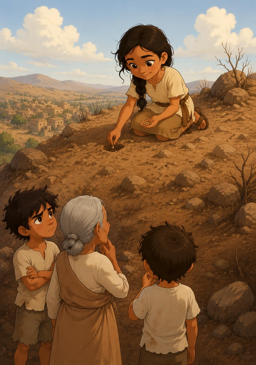 She climbs to the highest, most barren hill overlooking the village to plant her tiny treasure in the hard earth. Her friends watch from below, whispering to one another that nothing has grown on that hill in a hundred years.
