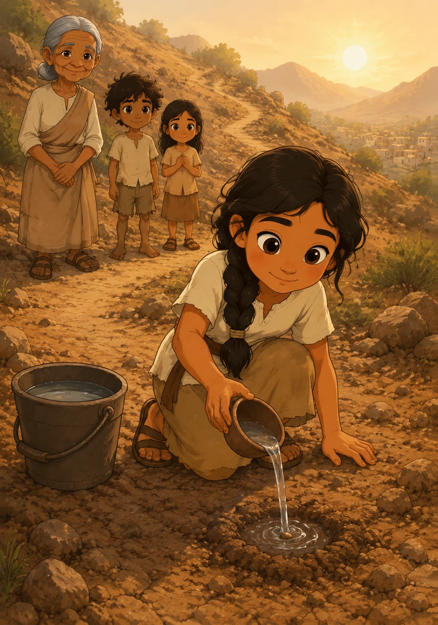 Every morning before the sun grows too hot, Elara carries a heavy bucket of water up the steep, winding path. She carefully pours a single cup onto the parched earth, whispering words of encouragement to the seed hidden deep below.
