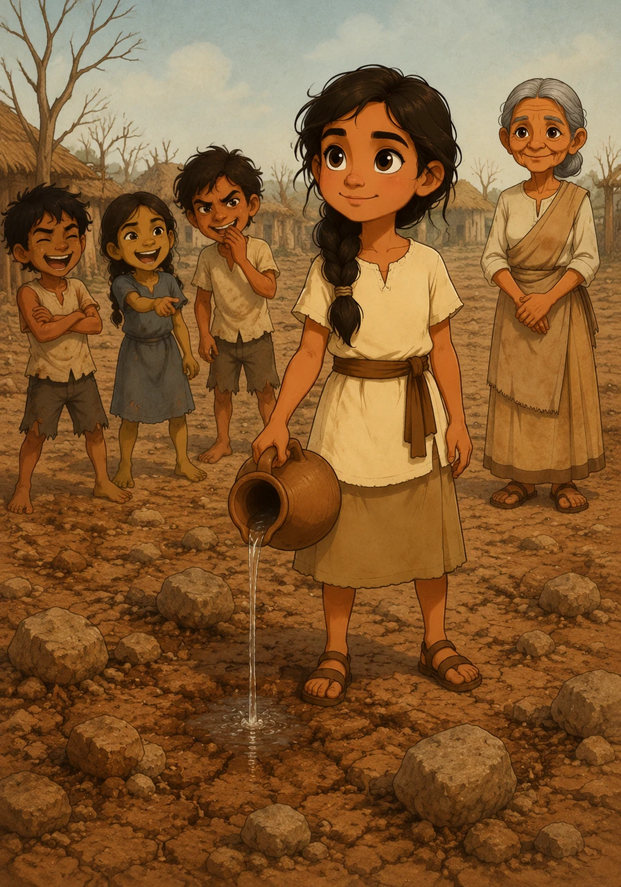 Days turn into weeks, and the earth remains as brown and silent as the day she started. The village children tease her, calling her the girl who waters the rocks, but Elara keeps her head high and her heart steady.