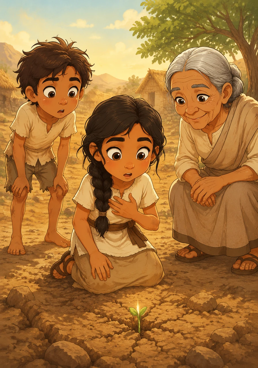 The next morning, a tiny speck of emerald green breaks through the crusty soil, defying the heat and the wind. Elara gasps in wonder as she realizes that her quiet persistence has finally awakened the life hidden within the seed.