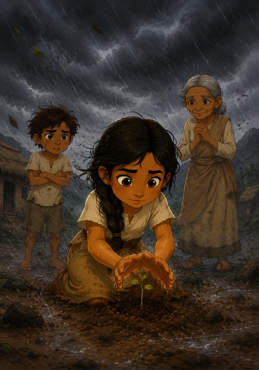 Suddenly, dark clouds gather for the first time in years, bringing a fierce wind and a heavy downpour. Elara shields the fragile sprout with her small hands, protecting it from the lashing rain that both threatens to crush it and promises to feed it.