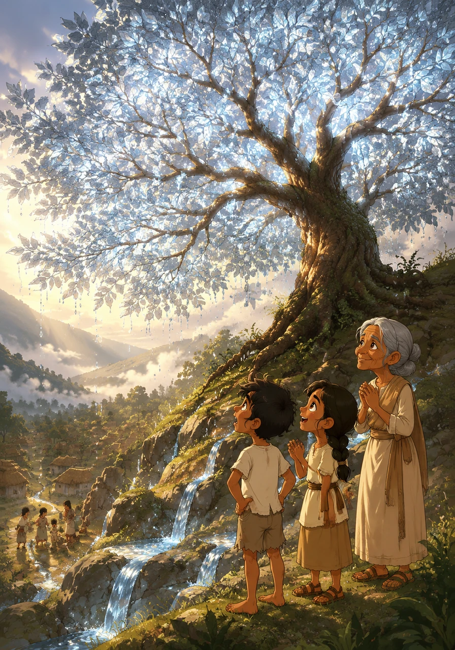 As the storm passes, the sprout grows at an impossible speed, transforming into a magnificent tree with leaves that shimmer like moonlight. These magical leaves capture the morning mist, dripping fresh, cool water down the hillside to the thirsty village below.