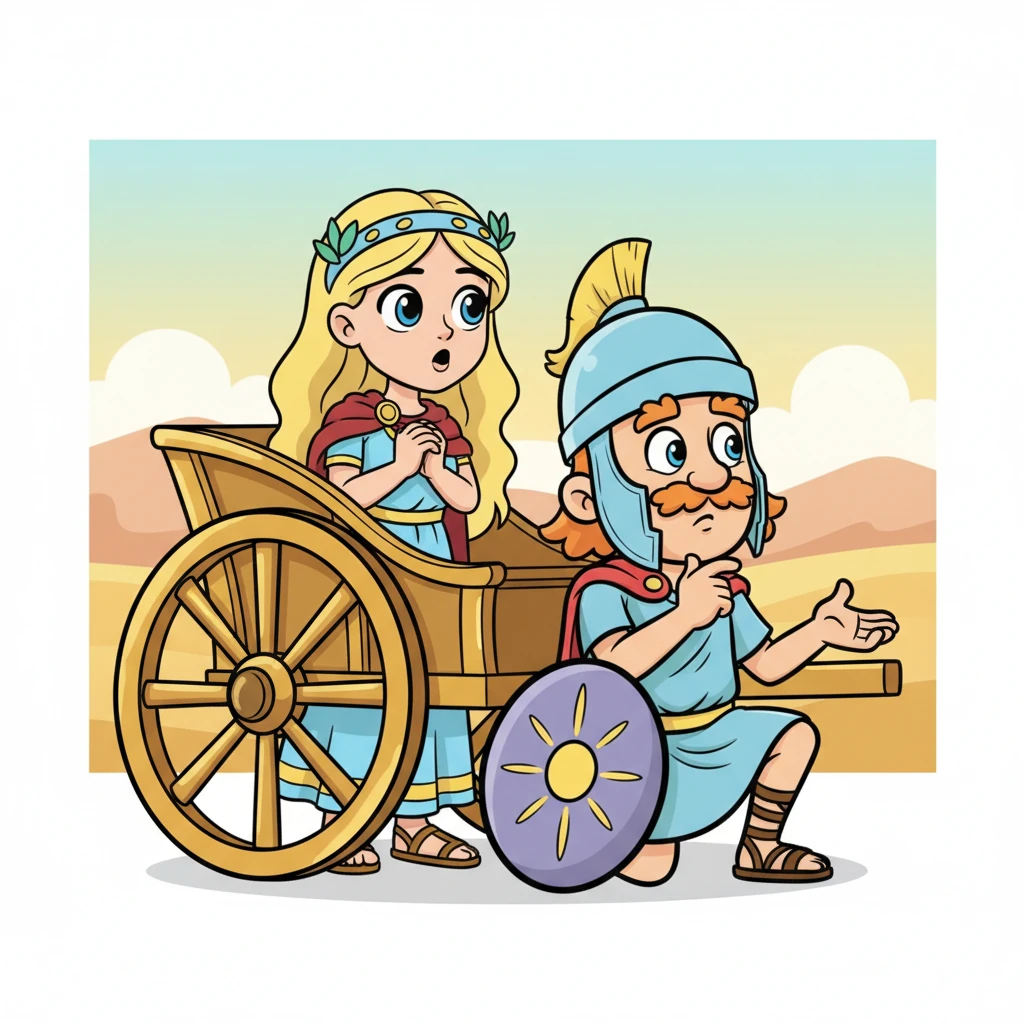 Η Ελένη και ο Μενέλαος στέκονται κρυμμένοι πίσω από ένα μεγάλο, γυαλιστερό άρμα, με τα μάτια τους να κοιτάζουν ανήσυχα τον ορίζοντα. Τα πρόσωπά τους είναι γεμάτα αγωνία, αλλά και αποφασιστικότητα, καθώς ψιθυρίζουν για το πώς θα ξεφύγουν από την άγνωστη χώρα.