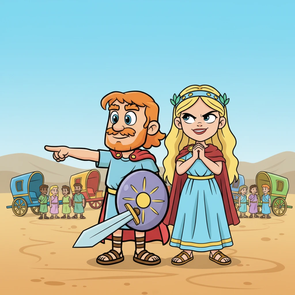 Ο Μενέλαος δείχνει με το δάχτυλό του προς μια ομάδα ανθρώπων που περιφέρονται ανέμελα γύρω από πολύχρωμα άρματα. Η Ελένη, με ένα πονηρό χαμόγελο, σκέφτεται πώς θα τους πείσει να τους βοηθήσουν, ενώ ο Μενέλαος κρατάει σφιχτά το σπαθί του.