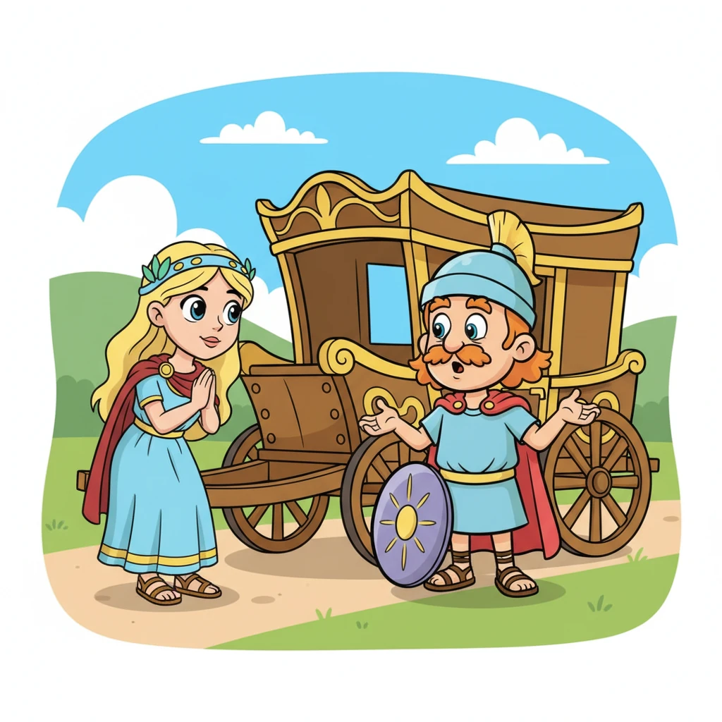 Η Ελένη πλησιάζει έναν άντρα με ένα μεγάλο, εντυπωσιακό άρμα, φορώντας ένα γλυκό, παρακλητικό ύφος. Τα χέρια της είναι ενωμένα σε ικεσία, ενώ ο άντρας, με έκπληξη ζωγραφισμένη στο πρόσωπό του, την ακούει προσεκτικά.