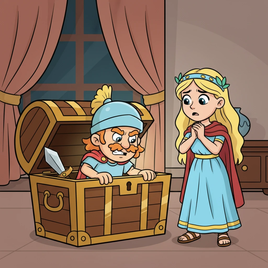 Ο Μενέλαος προσπαθεί να κρυφτεί μέσα σε ένα μεγάλο, πλούσιο κιβώτιο, με το σπαθί του να γυαλίζει αμυδρά στο σκοτάδι. Το πρόσωπό του είναι γεμάτο αποφασιστικότητα, έτοιμος για μια τολμηρή κίνηση, ενώ η Ελένη τον παρακολουθεί με αγωνία.