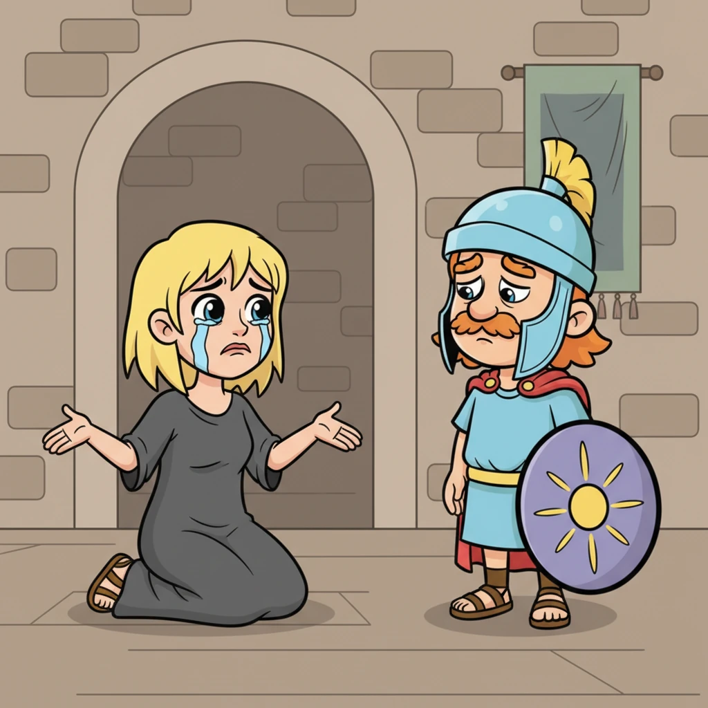 Η Ελένη, με τα μαλλιά της κομμένα κοντά και το πρόσωπό της γεμάτο θλίψη, θρηνεί δραματικά μπροστά σε έναν άρχοντα. Φοράει σκούρα, ταπεινά ρούχα, ενώ ο άρχοντας, με μια έκφραση συμπάθειας, την παρακολουθεί στενοχωρημένος.