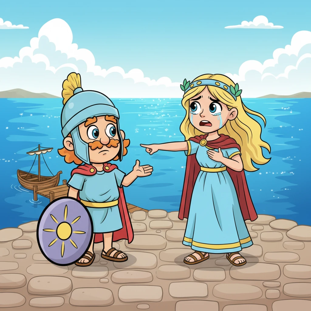 Η Ελένη ζητάει από τον άρχοντα ένα πλοίο, δείχνοντας προς τη θάλασσα με μια χειρονομία γεμάτη απελπισία. Τα μάτια της είναι υγρά, προσπαθώντας να τον πείσει για την ανάγκη της να θάψει τον Μενέλαο στο πέλαγος.