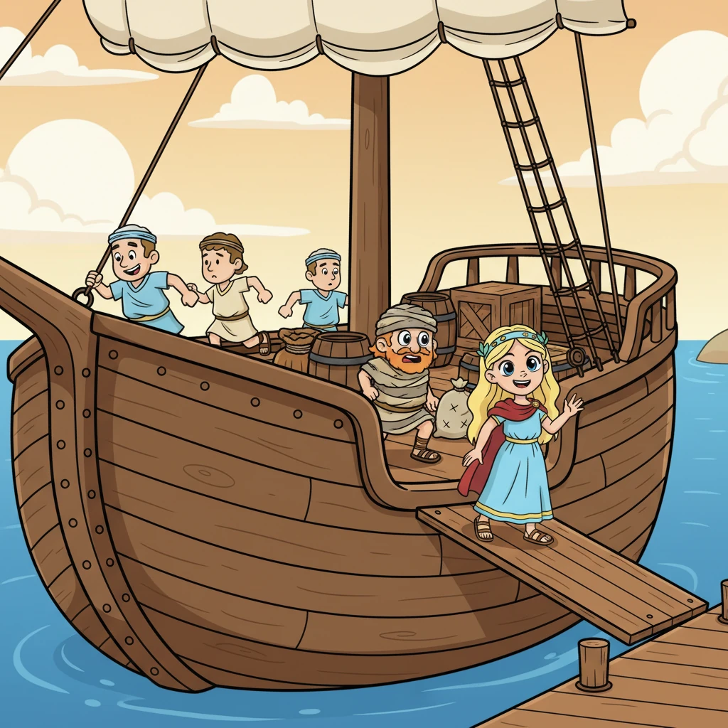 Ένα μεγάλο, ξύλινο πλοίο ετοιμάζεται να σαλπάρει, με ναύτες να τρέχουν πάνω στο κατάστρωμα. Η Ελένη, με ένα κρυφό χαμόγελο, επιβιβάζεται, ενώ ο Μενέλαος, μεταμφιεσμένος σε ναυαγό με κουρέλια, κρύβεται ανάμεσα στα φορτία.