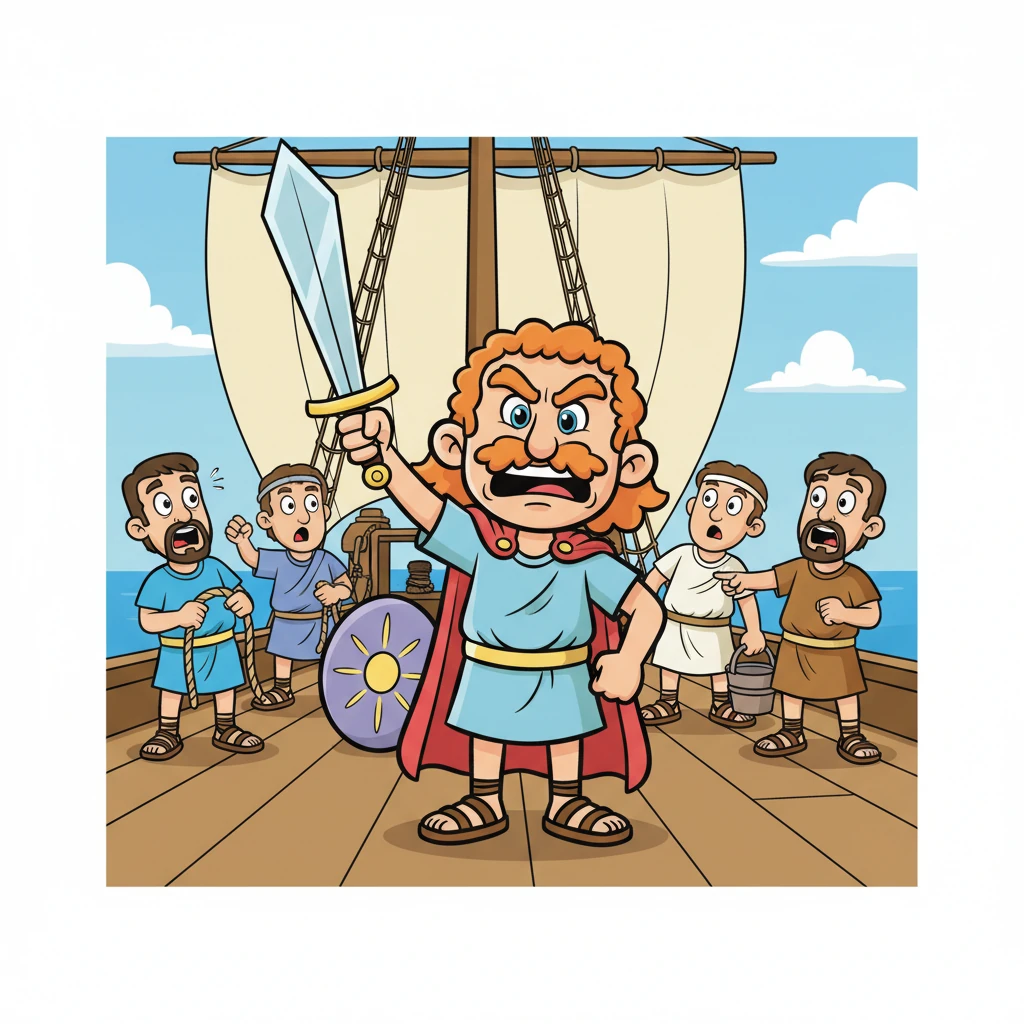 Ο Μενέλαος, με το σπαθί του γυμνό και μια άγρια αποφασιστικότητα στο πρόσωπό του, στέκεται στο κατάστρωμα του πλοίου, έτοιμος να αναλάβει δράση. Οι άντρες του πλοίου τον κοιτούν με έκπληξη, καθώς η μεταμφίεσή του αποκαλύπτεται.