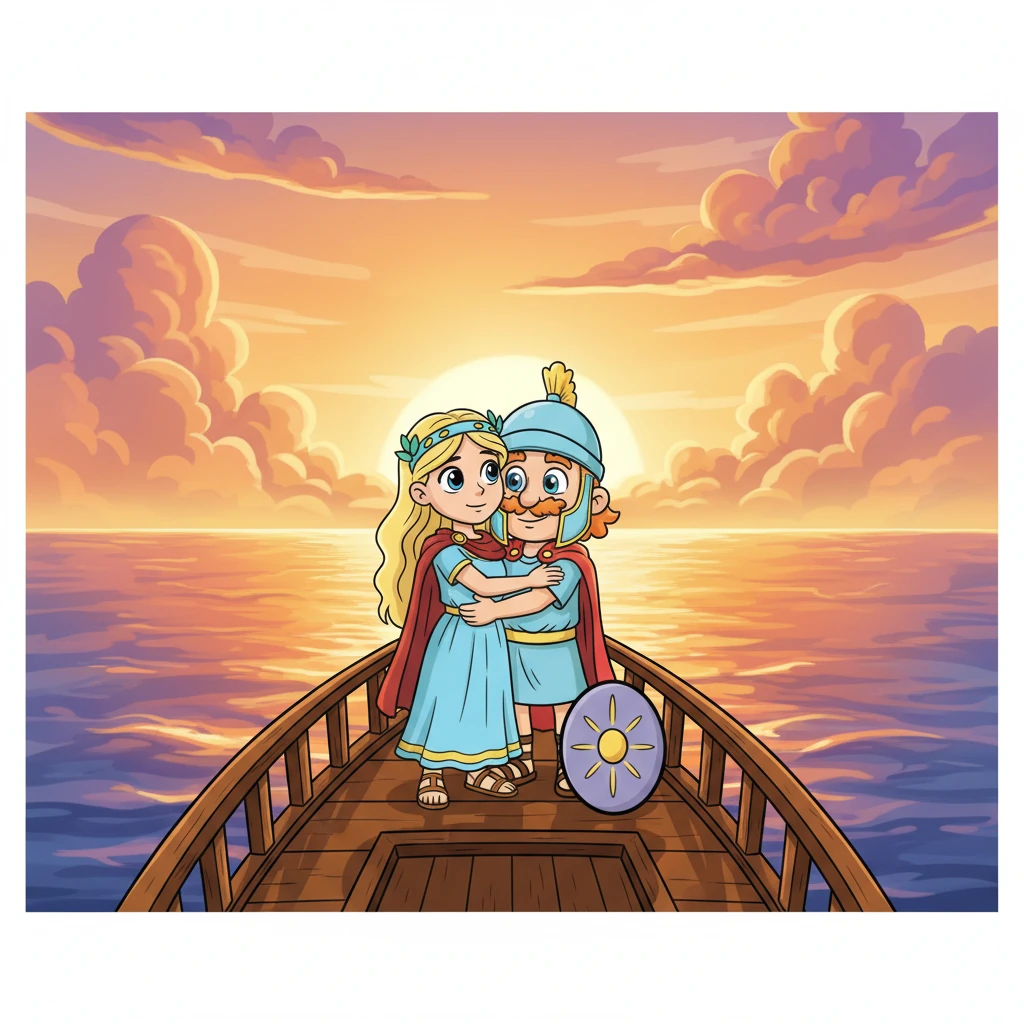 Η Ελένη και ο Μενέλαος, αγκαλιασμένοι, στέκονται στην πλώρη του πλοίου, κοιτάζοντας τον ορίζοντα. Ο ήλιος δύει πίσω τους, βάφοντας τον ουρανό με ζεστά χρώματα, καθώς ταξιδεύουν προς την ελευθερία και το σπίτι τους, γεμάτοι ελπίδα.