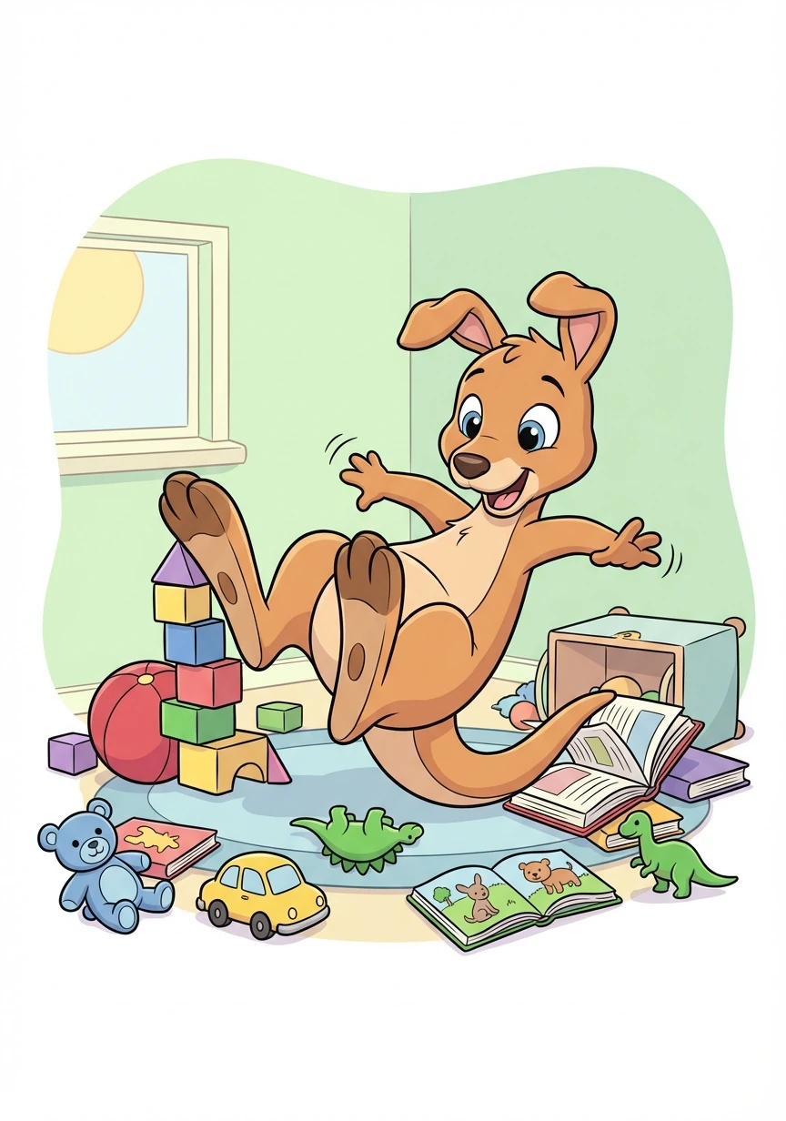Kingston the kangaroo hopped through his messy room, tripping over toys and books. His mama always said, "A tidy room is a tidy mind!"