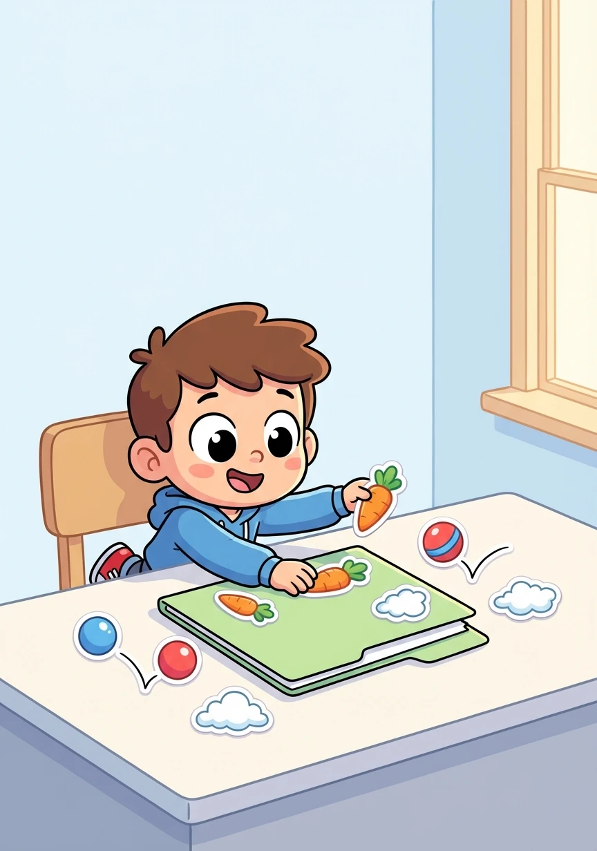 Next, Kingston decorated the folder with vibrant stickers of his favorite things: bouncing balls, juicy carrots, and fluffy clouds.