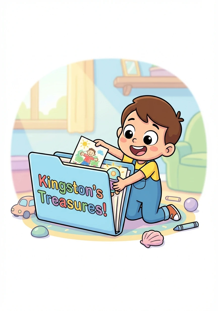 He labeled the folder in big, bold letters: "Kingston's Treasures!"  Now, it was time to fill it.