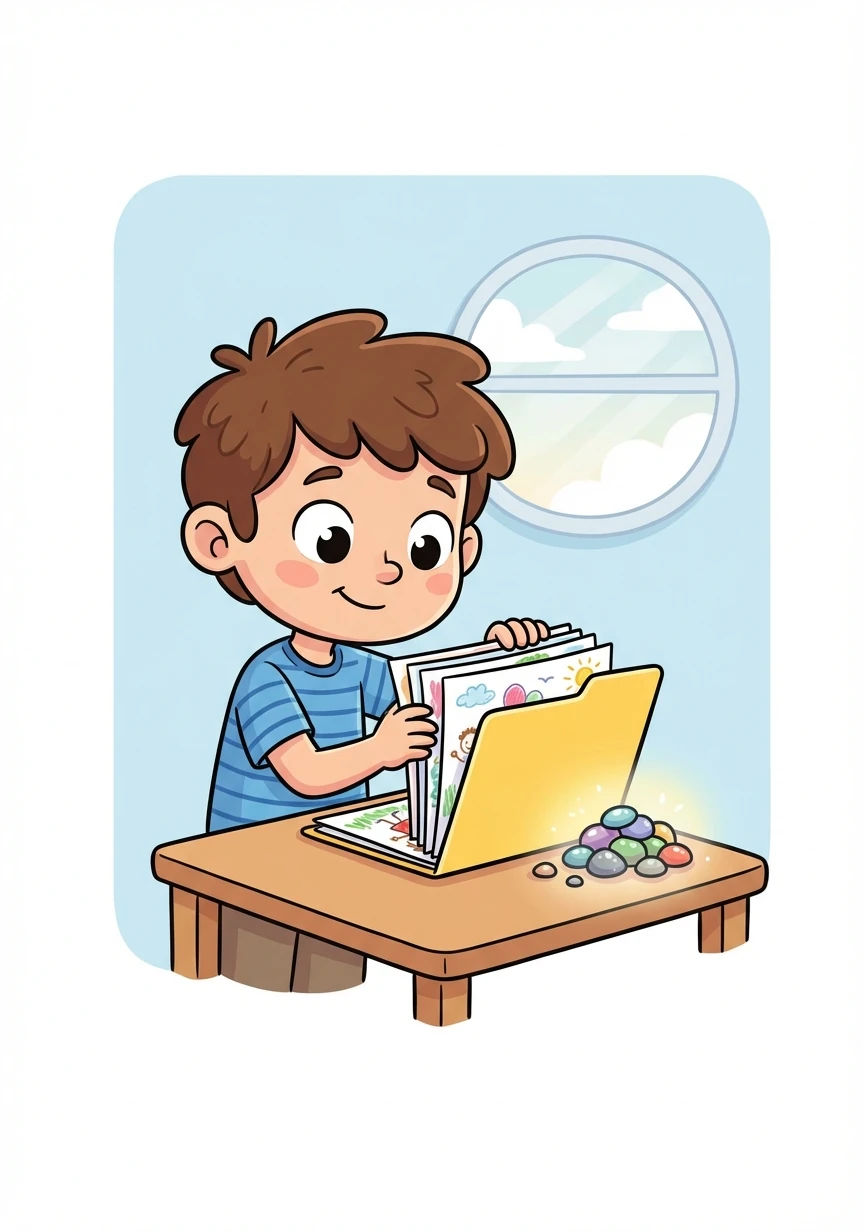 Kingston carefully placed his favorite drawings into the folder, followed by his collection of shiny pebbles.