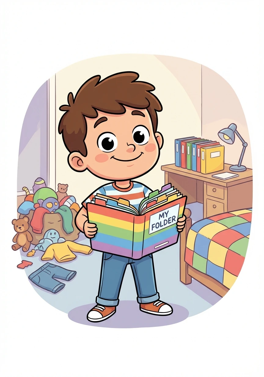 Looking at his organized folder, Kingston felt a surge of pride. His room still needed work, but this was a great start!