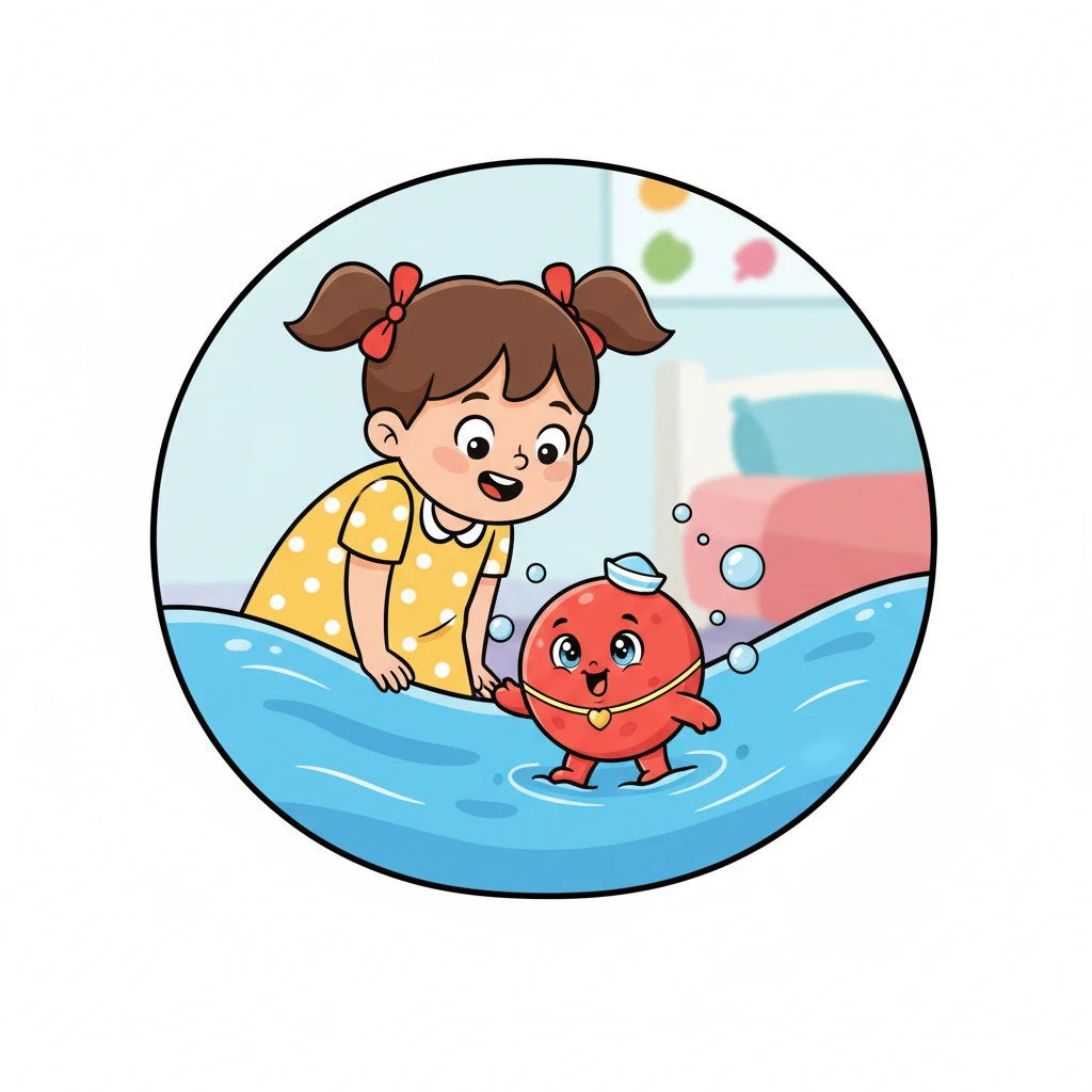 Odjednom, ugledala je malenu crvenu kuglicu! "Zdravo, ja sam Eri Eritrocit!" rekla je. "Nosim kisik po cijelom tvom tijelu, da bi svi tvoji mišići i mozak mogli raditi." Eri Eritrocit, okrugla, crvena stanica s velikim, veselim očima i malenim rukama i nogama, plovi kroz svijetlu, plavu "rijeku" (krvnu žilu). Ana gleda Erija s divljenjem, nagnuta naprijed s osmijehom. Oko Erija su mali mjehurići zraka.