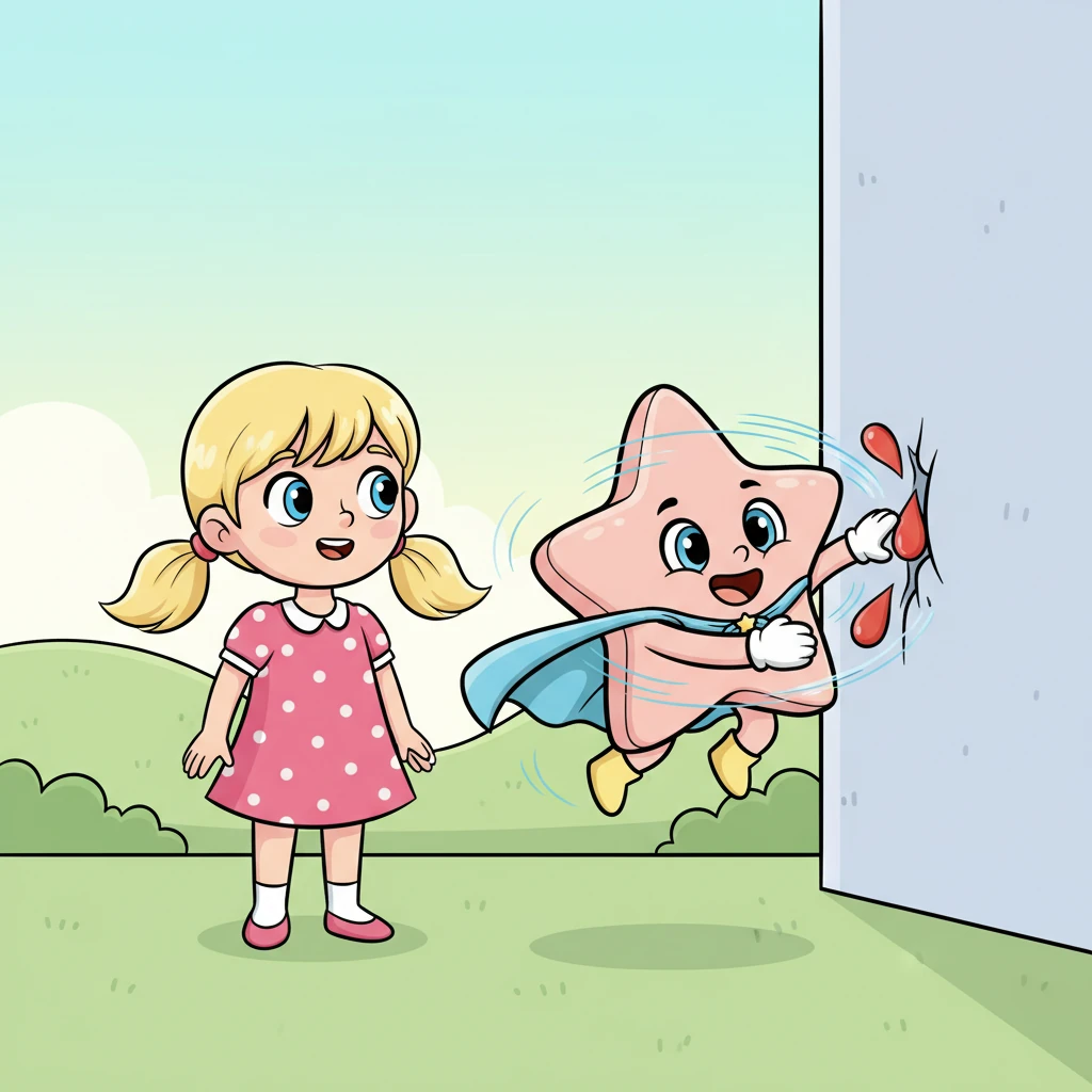 Odmah iza njega stigla je Tina Trombocit, malena, ali brza. "A ja sam Tina! Pomažem ti da zaustaviš krvarenje kad se malo porežeš i da se rane brzo zacijele", veselo je rekla. Tina Trombocit, malena, plosnata stanica u obliku zvijezde s brzim, energičnim izrazom lica, vrti se oko male, nacrtane "posjekotine" na nekom apstraktnom zidu, "krvarenje" je prikazano kao par kapljica crvene boje koje Tina brzo "zaustavlja" svojim rukama. Ana gleda iznenađeno i impresionirano.