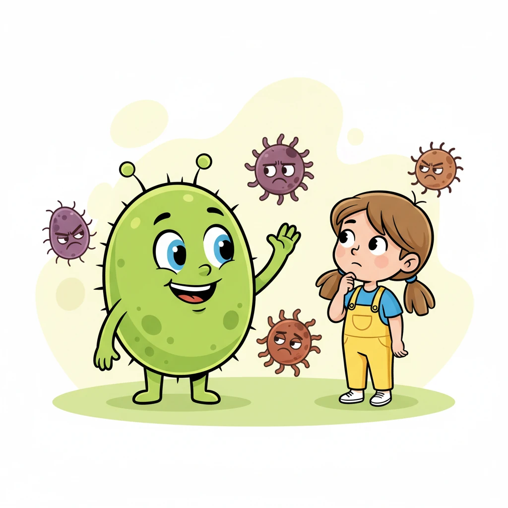 Potom se pojavila Bakti Bakterija, nasmijana i prijateljska. "Nisu sve bakterije loše! Ja sam Bakti, dobra bakterija, i pomažem ti probaviti hranu. Ali neke loše bakterije mogu te razboljeti, zato je važno prati ruke", rekla je Bakti. Bakti Bakterija, zelena, okrugla bakterija s velikim, prijateljskim osmijehom i malenim antenama, maše Ani. U pozadini se vide i nekoliko "loših" bakterija s namrštenim obrvama, ali su prikazane na šaljiv, ne-strašan način. Ana sluša Bakti pažljivo.