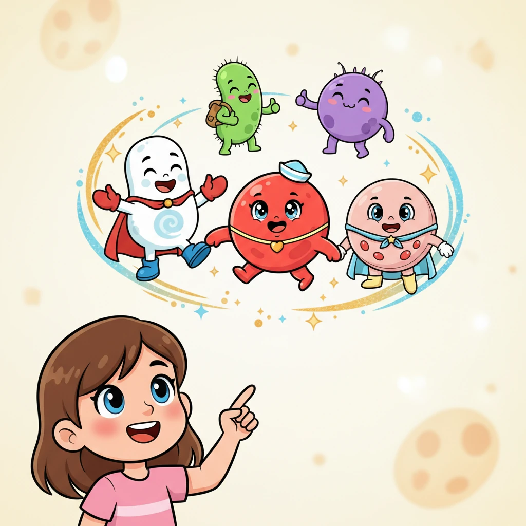 Ana je shvatila da svi ti mali pomagači rade zajedno kao savršeni tim unutar njezinog tijela. Svaki ima svoj važan zadatak, čineći je jakom i zdravom svaki dan. Eri, Luki, Tina, Uro i Bakti (dobra) su svi zajedno, smiješe se i drže se za ruke ili mašu, okruženi svjetlucavim efektima koji pokazuju njihovu suradnju. Ana ih gleda s širokim osmijehom i osjećajem ponosa.