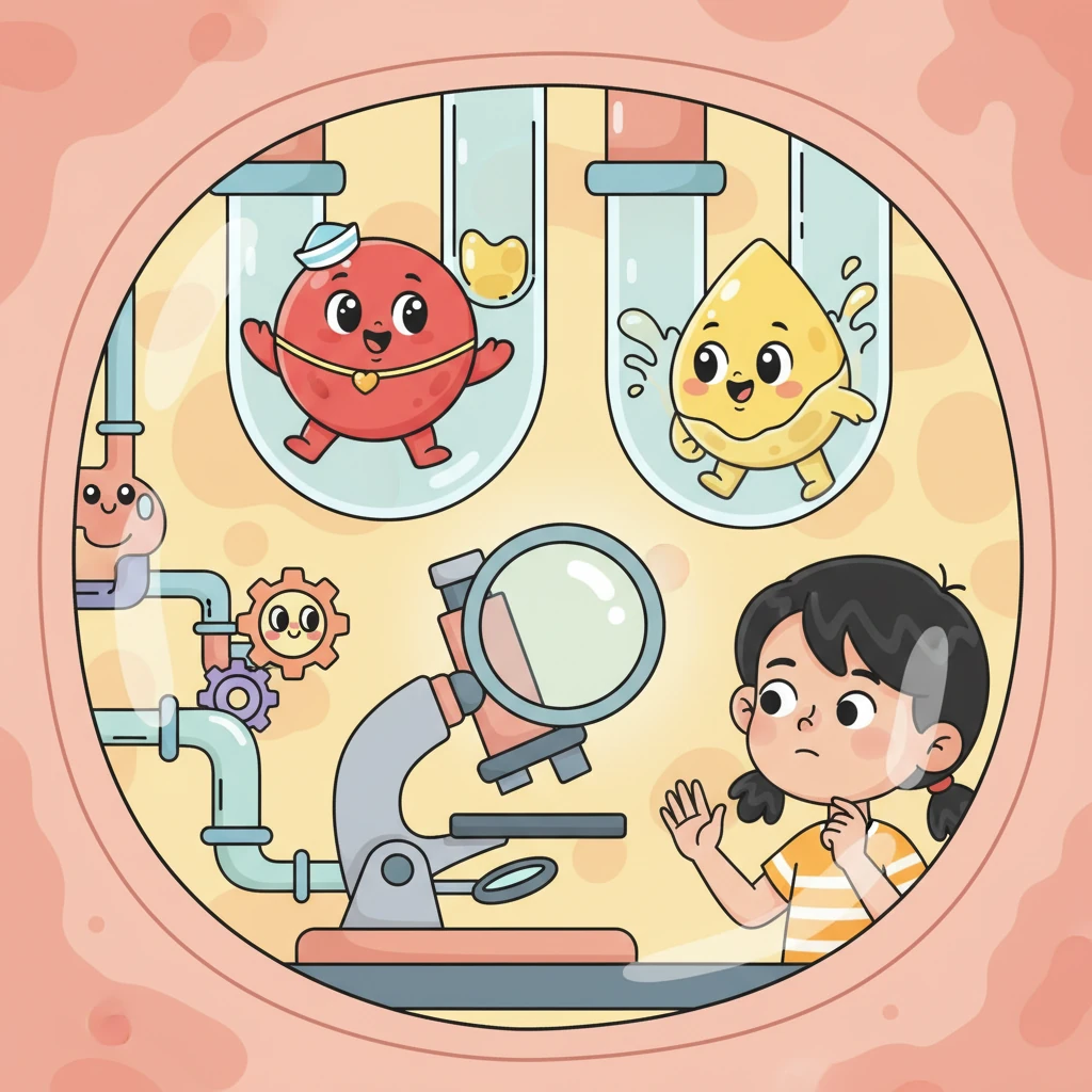 Ponekad, kad se ne osjećaš dobro, tvoji roditelji te odvedu u poseban laboratorij. Tamo maleni uzorci, poput kapljice krvi ili urina, putuju do posebnih strojeva. Mali, stilizirani "laboratorij" unutar tijela, s minijaturnim, prijateljskim cijevčicama i malim "mikroskopom" koji je zapravo povećalo. Mala kapljica krvi (Eri) i kapljica urina (Uro) s veselim licima ulaze u cijevčice. Ana ih promatra s vanjske strane, malo znatiželjna, malo zamišljena.