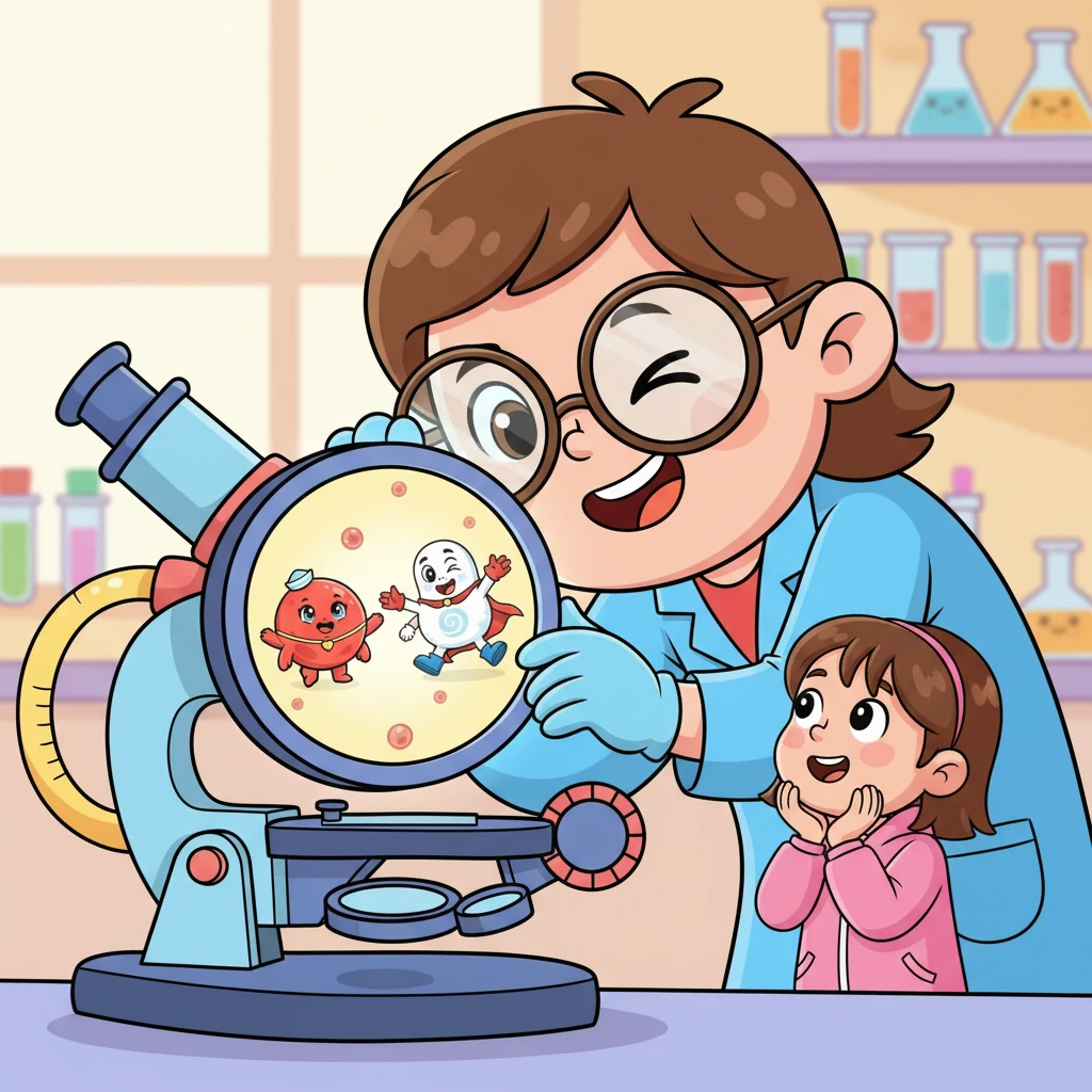 Tamo rade posebni junaci – zdravstveno-laboratorijski tehničari! Oni pregledavaju te uzorke pod mikroskopom i pomažu doktorima shvatiti što se događa u tvom tijelu. Prijateljski nastrojen zdravstveno-laboratorijski tehničar/tehničarka (crtani lik s velikim naočalama i osmijehom) gleda kroz veliki, stilizirani mikroskop. Na zaslonu mikroskopa vide se Eri, Luki i Tina kako veselo plešu. Ana, smanjena, stoji pored tehničara i s divljenjem gleda u mikroskop.