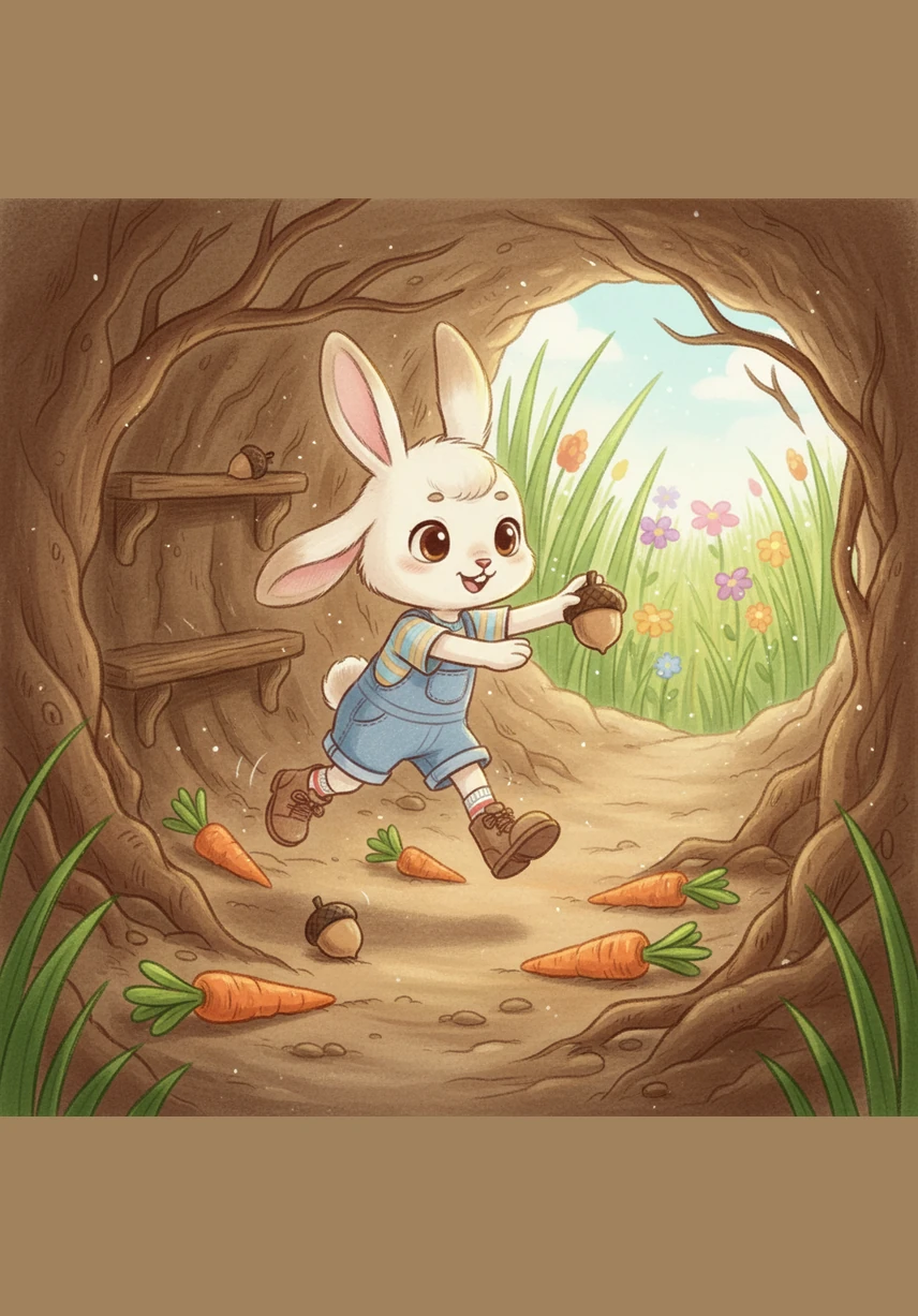 Sesame the little white bunny hops happily around his cozy burrow, playing with his favorite acorn toys and munching on crunchy carrots. While he feels safe and warm in his familiar home, a small part of him wonders what lies beyond the tall grass and colorful flowers.