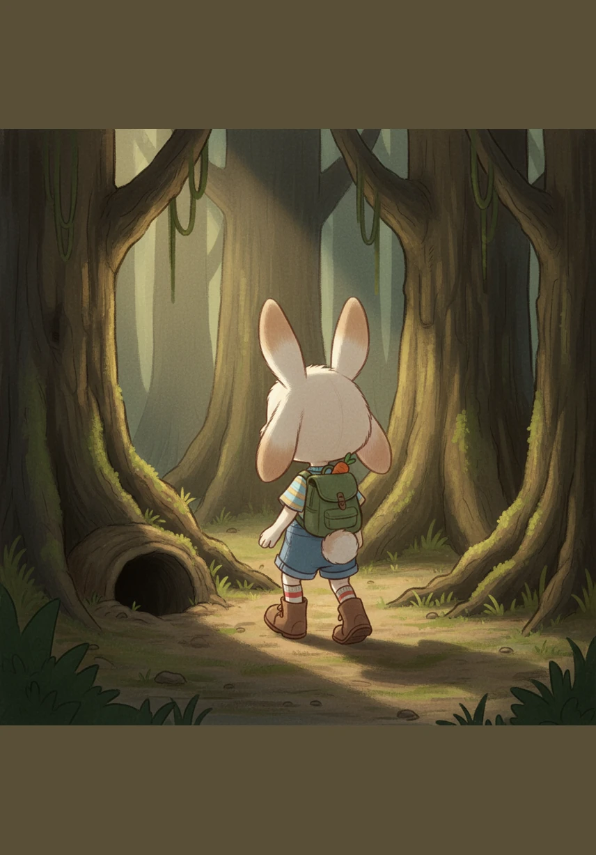 Though he is scared of the big world, Sesame remembers his mother’s hug and her wise words about bravery coming from a big heart. He packs a small backpack with a single carrot and takes his first brave steps away from his burrow and into the shadows of the giant, ancient trees.
